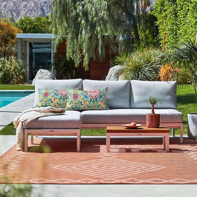 LVTXIII Outdoor Lumbar Pillow Covers 12"x20", Covers ONLY, 2 Pack 30x50cm Lumbar Cushion Cover with White Piping for Home Patio Garden Sofa Bench, Damask Red