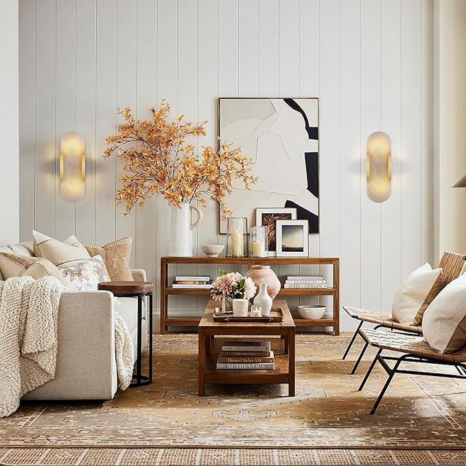 13.8 in Brass Alabaster Wall Sconces, Natural Marble Wall Sconces Set of Two Indoor Alabaster Sconces for Living Room Modern Alabaster Sconces Wall Lighting for Dining Room Stairs Bedroom