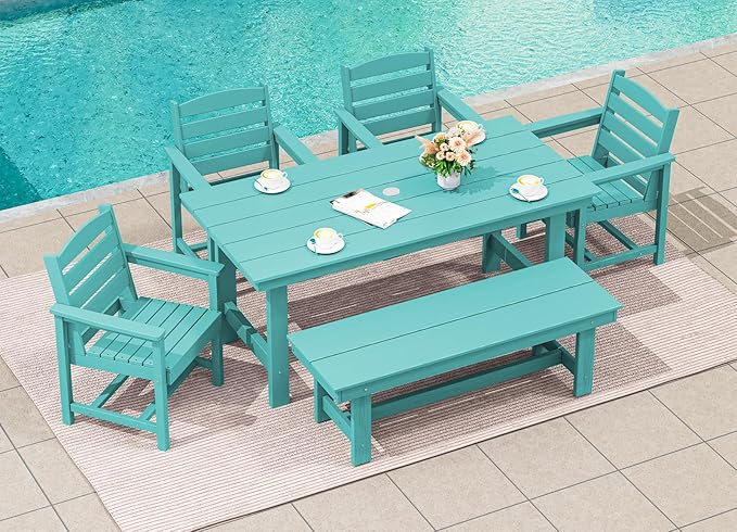 SERWALL Outdoor Dining Set for 6, HDPE Dining Furniture Set with Umbrella Hole Cut-Out Table and 1 Dining Bench and 4 Chairs, All Weather Outdoor Dining Bench Sets, Aruba