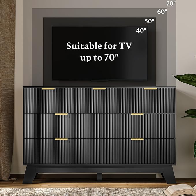 Fluted Dresser for Bedroom with 7 Drawer, Mid Century Modern Chest of Drawers, 48" Wide Natural Wood Dresser for Closet, Wooden Boho Chest Closet Storage TV Stand for Bedroom, Black