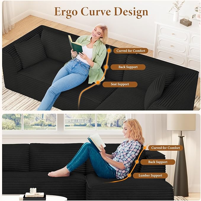 Vesgantti 106" Modular Sectional Sofa with Chaise, Deep Seat Comfy Cloud Couch Corduroy L Shaped Sofa Sectional Couches for Living Room Bedroom, No Assembly Required (Black, Right-Facing Chaise)
