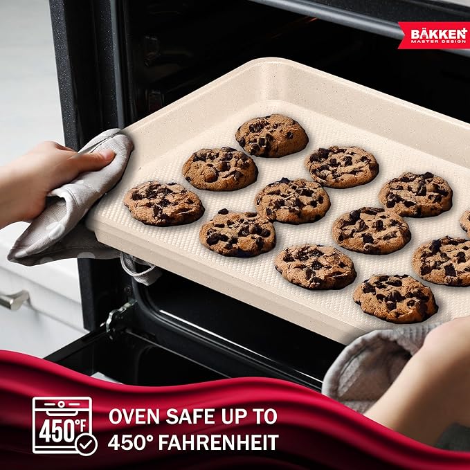 BAKKEN Kitchen Baking Pan - Small, Medium, and Large Cookie Pan (13.58×9.65, 15.75×11, 17.91×12.60), Nonstick, Diamond Texture Bottom, PFOA, PFOS, PTFE Free, Oven Safe (450°F), Pack of 3, White Marble
