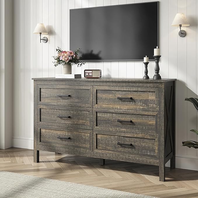 Farmhouse 6 Drawers Dresser for Bedroom, Wood Rustic Wide Chest with Natural Texture, Farmhouse Chest of Drawers for Bedroom, Hallway, Entryway, Dark Brown