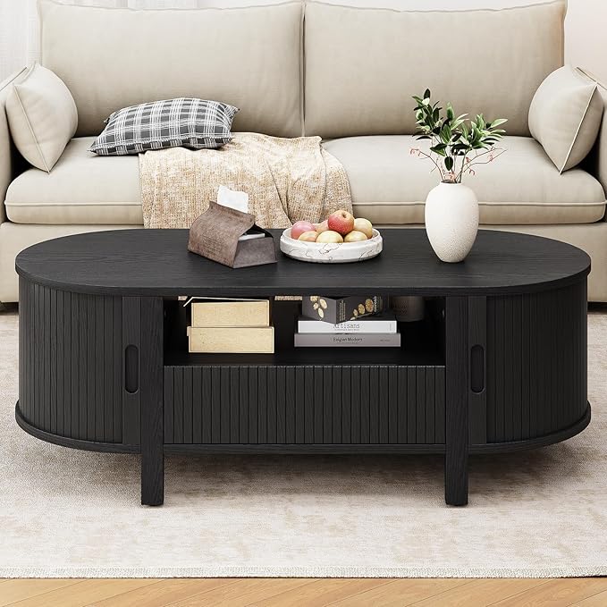 47.2 Inch Oval Coffee Table with Storage, Mid Century Modern Coffee Table with Drawer, Center Table with Sliding Door and Wood Fluted Handle for Living Room, Black