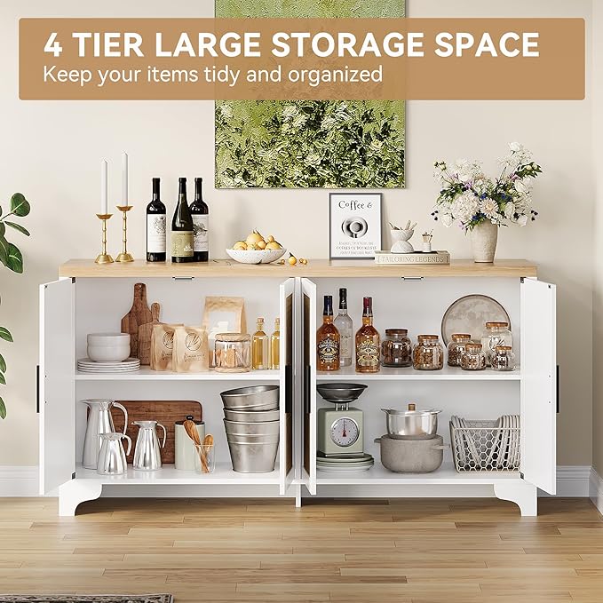 GAOMON TV Stand for TVs Up to 70'', Natural Rattan Entertainment Center with Storage Cabinets, Boho Media Console Table for Living Room, Farmhouse Cabinet, White