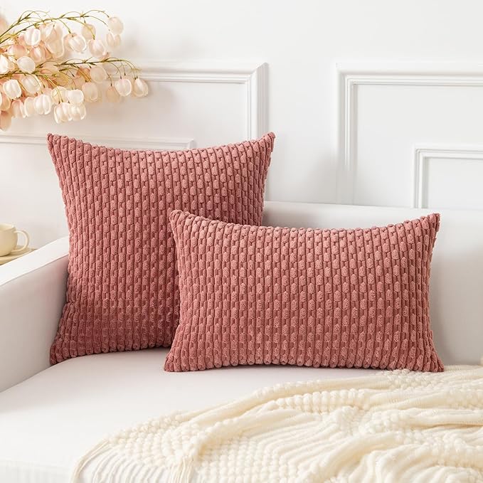 Kevin Textile Throw Pillow Covers Soft Corduroy Decorative Set of 2 Valentines Day Boho Striped Pillow Covers Pillowcases Farmhouse Home Decor for Couch Bed Sofa Living Room 12x20 Inch Blush Pink