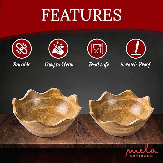 Mela Artisans Scalloped Decorative Wooden Bowls Set of 2 |12 Inch &10 Inch Mango Wood Fruit | Serving Bowls | Natural Grain Texture | Kitchen Counter | Snacks | Desserts | Bread | Handcrafted Decor