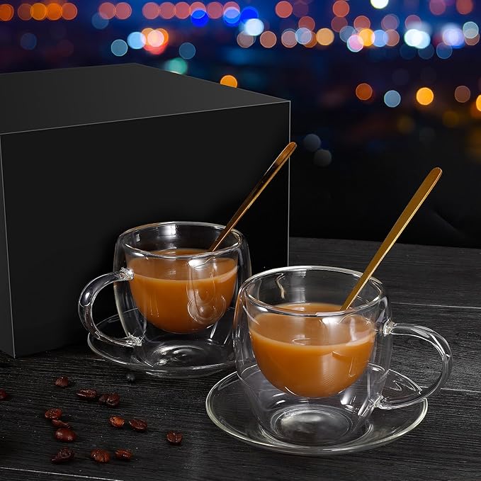 Clear Glass Coffee Cups with Spoons in a Luxurious Gift Box Set of 4 Pieces - 5.5oz in Sizes Double Wall Insulated Reusable Cups for Home Cafe Restaurant - Best Gift for Coffee Lovers