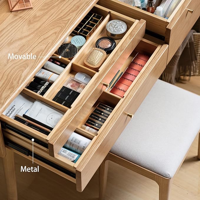 Small Vanity Desk with Mirror, Solid Wood Dressing Table with Drawer Divider, Study Desk and Vanity Table for Bedroom, 24" D x 18" W x 32" H