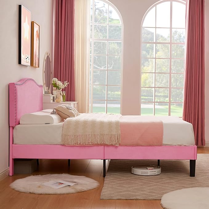 VECELO Queen Bed Frame Platform Bed Frame with Upholstered Headboard, Strong Frame and Wooden Slats Support, Strong Weight Capacity, Non-Slip and Noise-Free, Easy Assembly,Pink