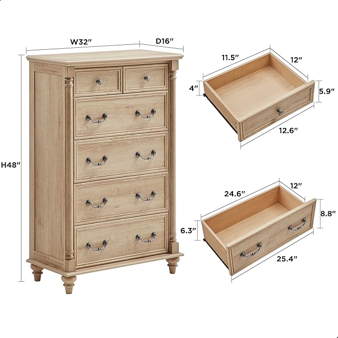 T4TREAM Farmhouse 6 Drawers Dresser Chests for Bedroom w/4 Solid Wood Feet &Column Decor, Tall Wood Rustic Chest of Drawers, Storage Dressers Organizer for Bedroom, Living Room, Nursery, Natural Oak