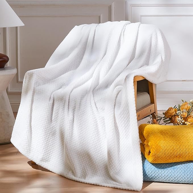 NEWCOSPLAY Super Soft Twin Blanket White Premium Silky Flannel Fleece Leaves Pattern Lightweight Bed Blanket All Season Use (White, Twin(60"x80"))