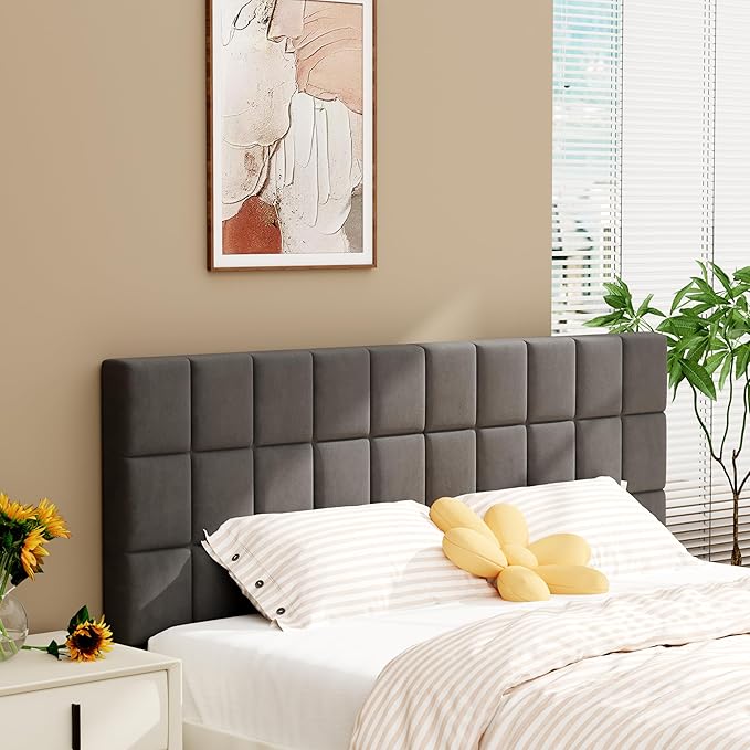 Andeworld Velvet Upholstered Tufted King Size Headboard,Wood Head Board with Metal Legs, Adjustable Height from 42” to 56”, Bed Headboard in Modern Design,Backboard for Bed, Dark Gray