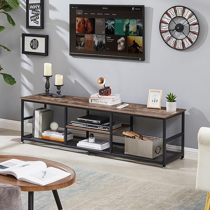 VECELO Industrial TV Stand for Televisions up to 70 Inch, 62" Entertainment Center with Open Storage Shelves for Living Room/Bedroom, 3 Tiers Media Console Table with Metal Frame, Brown, 62 Inches