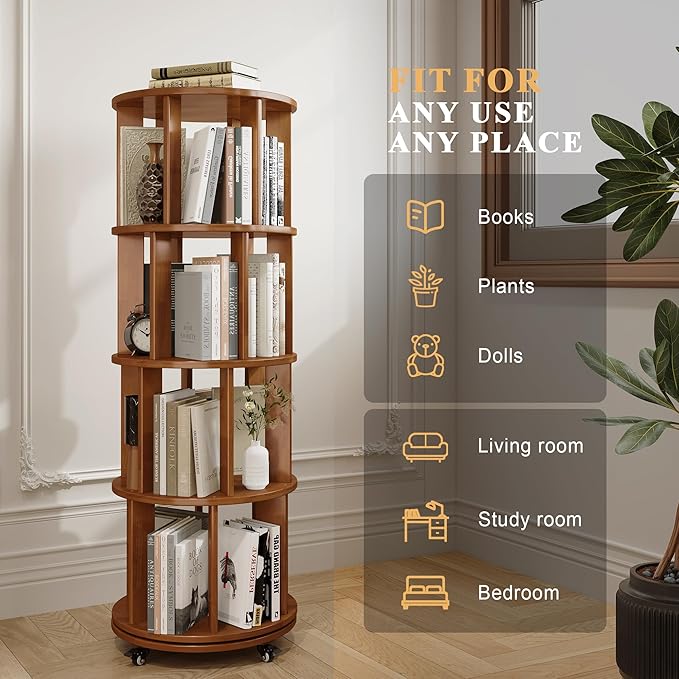4-Tier Rotating Bookshelf, 360° Spinning Stackable Bookcase, Freestanding Bookshelf for Home Office Study Room Bedroom Living Room