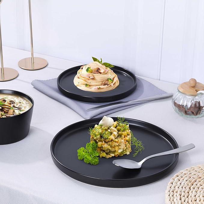 Herogo 12 Pieces Stoneware Dinnerware Set, Service for 4, Dinner Plates and Bowls Sets, Double Reactive Glaze Dishes Set for Kitchen, Scratch Resistant, Dishwasher Safe, Matte Black