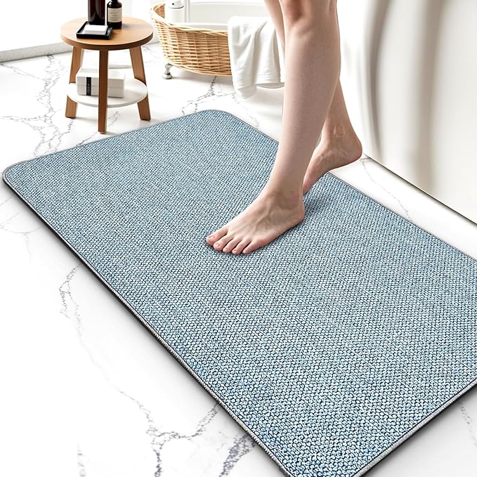 Upgraded Thin Bathroom Rugs, Bath Mat Super Absorbent, Bath Rugs Rubber Backing Non-Slip, Quick Dry Machine Washable, Cozy Cloth Bathroom Mat fit Under Door/Sink/ Bathtub/Shower/Kids 24''x36''-Blue