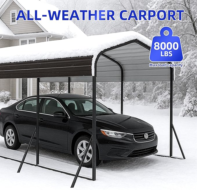 12x20 Metal Carport with Base Fixings Heavy Duty Garage Outdoor Chrome Plated Frame and Sheet Metal Construction Suitable for Boats, Cars, Tractors and Agricultural Equipment, White