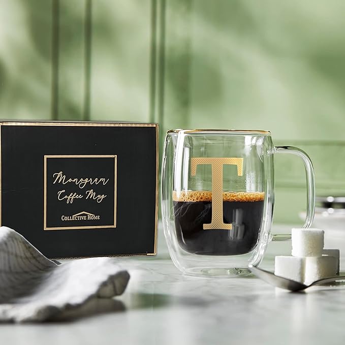 COLLECTIVE HOME - Double Walled Glass Coffee Mugs, Insulated Coffee Mug with Handle, Personalized Gifts for Women, Men, Christmas, 14 oz Monogram Cups (T)