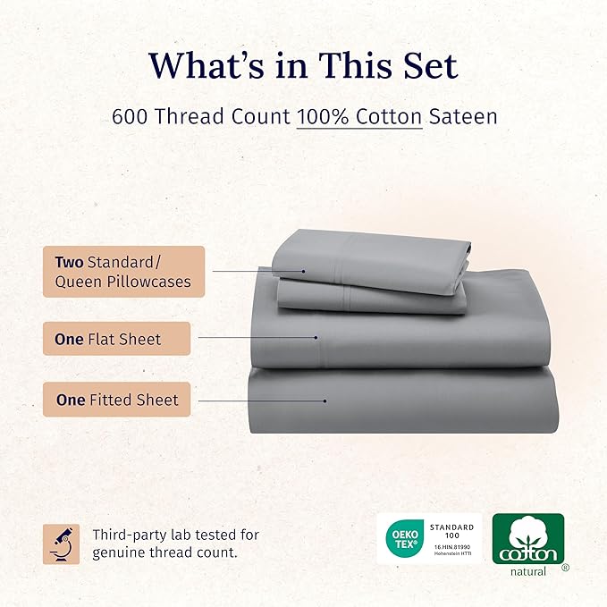 California Design Den Luxury Queen Size Sheet Set - 100% Cotton, 600 Thread Count Deep Pocket Queen Sheets, Hotel-Quality Bedding with Sateen Weave - Mist Grey