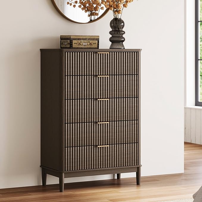 LINSY HOME Fluted Dresser for Bedroom with 5 Drawers, 46" Tall Chest of Drawers, Mid Century Modern Dresser with Metal Handle, Wood Closet Storage Cabinet for Living Room, Hallway, Walnut
