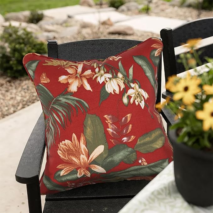 Outdoor Throw Pillow Covers 18x18 Inch, Set of 2, Cover Only! Waterproof Fade Resistant Decorative Cushion Sham Pillow Cases for Patio Furniture Chair Couch Sofa - Red Floral