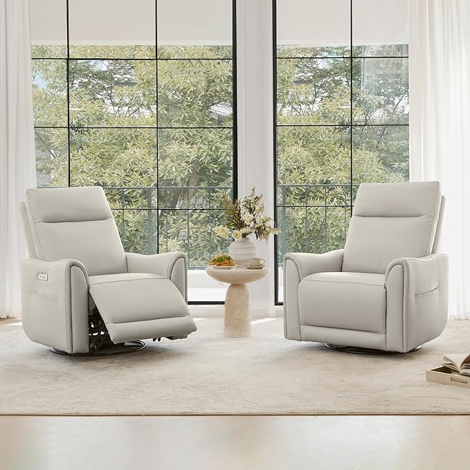 Watson & Whitely Power Recliner Chairs for Adults, Swivel Rocker Recliner Chair with Charging Ports for Living Room, Faux Leather RC011 (Cream)