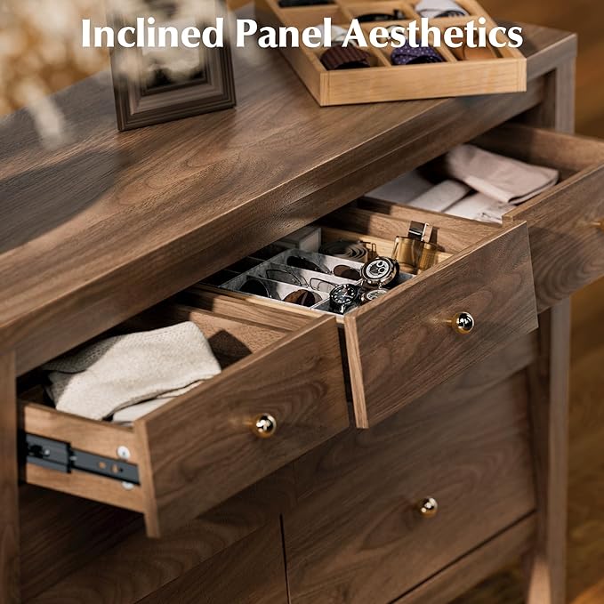 7 Drawers Dresser with Beveled Panel, Farmhouse Chest of Dressers for Bedroom, Wood Dresser TV Stand, Drawer Organizer for Bedroom, Living Room, Hallway, Walnut