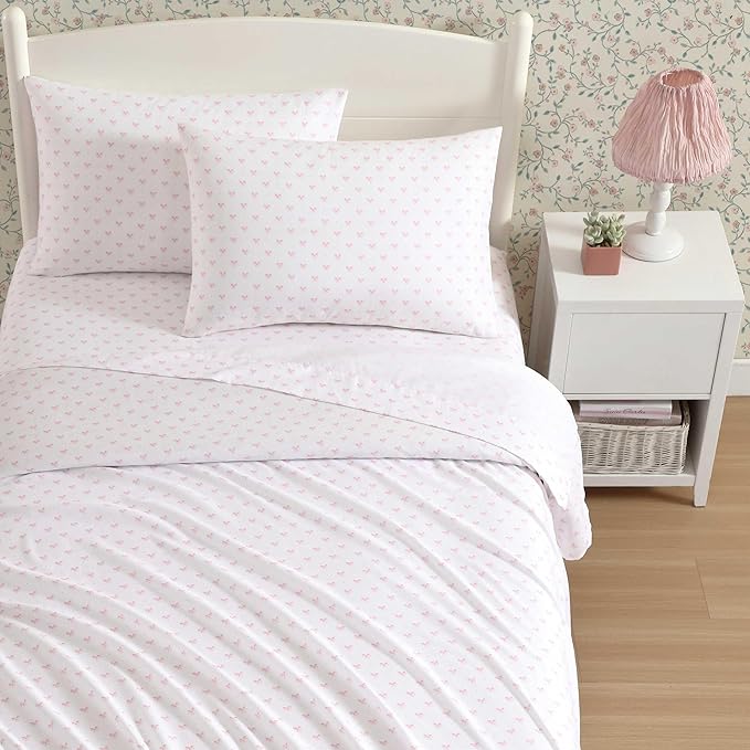 Laura Ashley - Kids Sheet Set, Ultra-Soft & Breathable Toddler Bedding with Matching Pillowcases, Wrinkle-Resistant, Ideal Girl Room Essentials (Lovely Bows Pink, Queen)