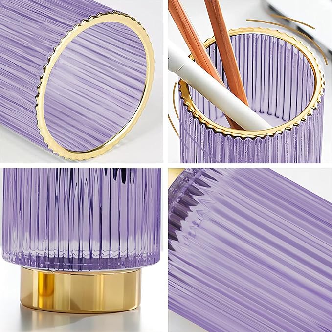DASITON Makeup Brush holder Organizer,Crystal Cosmetic Makeup Brush Glass Brushes Storage Holder, Vintage Make Up Brush Cup Pen Pencil Holder striped vase(Purple L)