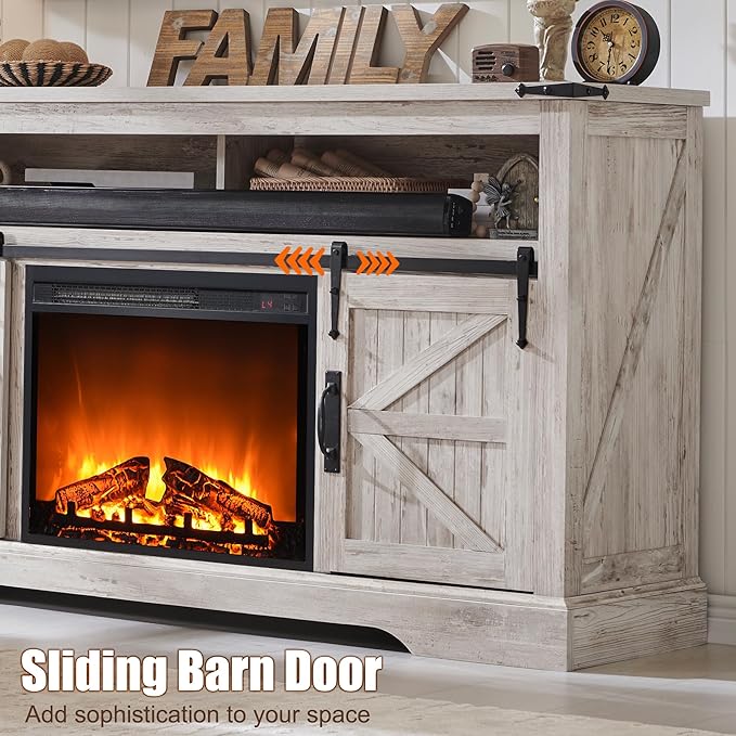 OKD Fireplace TV Stand for 65+ Inch TV, 33" Tall Highboy Farmhouse Entertainment Center w/ 23'' Electric Fireplace, Rustic Media Console w/Sliding Barn Door for Living Room, Antique Brush White