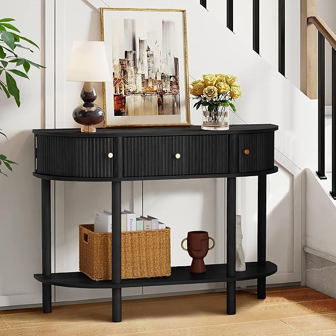 43.3“ Fluted Half Moon Console Table, Modern Entryway Console Sofa Table with Storage, Narrow Wood Accent Tables Behind Couch Tables for Living Room, Hallway, Foyer(Black)