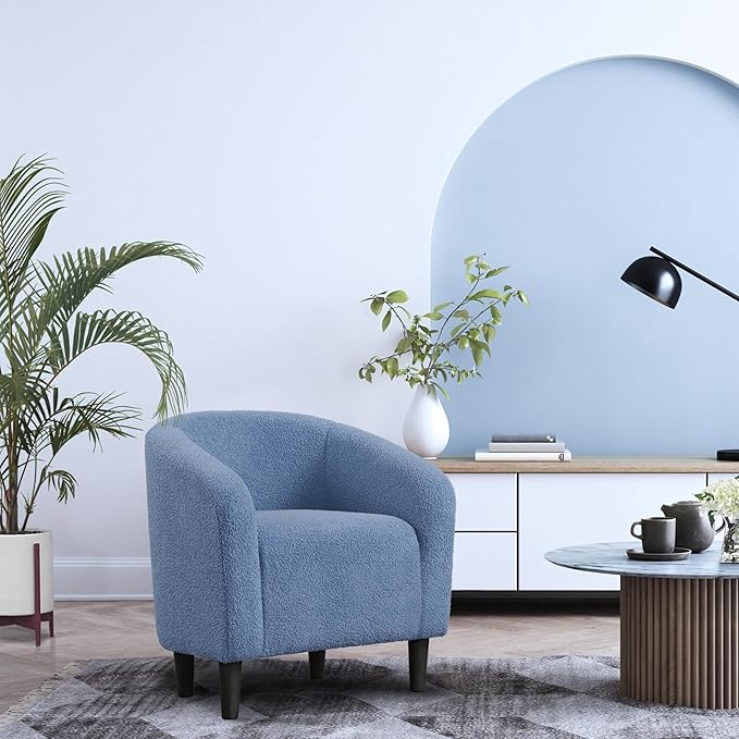 Yaheetech Accent Barrel Chair, Boucle Fabric Club Chair, Furry Sherpa Elegant Armchair with Cozy Soft Padded, Suitable for Living Room Bedroom Reception Room Office, Blue