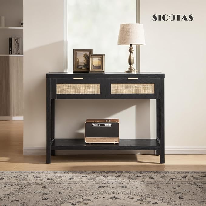 SICOTAS Black Console Table with Rattan Drawers - Boho Rattan Entryway Table with Storage, Small Console Tables for Entryway, Entry Table for Hallway, Sofa Table