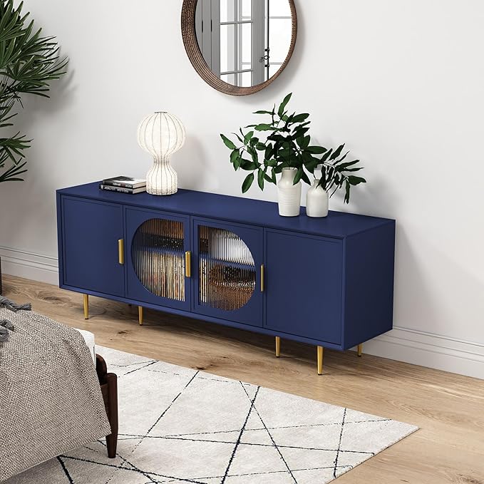 ARTPOWER Modern TV Stand for TVs up to 70+ inch, Glass Door Television Console Table with Gold Leg, Entertainment Center with Storage Cabinet, Wood Media Furniture for Bedroom, Living Room, Blue