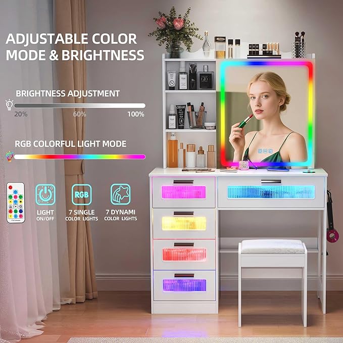 LED Vanity with Sliding Mirror, Smart Makeup Table with 5 Drawers 6 Shelves, Make Up Vanity Desk with Charging Station 14 Color Lighting Modes, Cushioned Stool, USB Type-C for Bedroom White