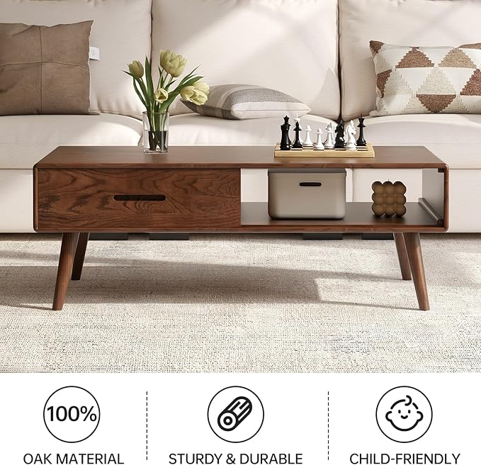 100% Solid Oak Wood Coffee Table for Living Room, Coffee Table with Storage Shelf and 2 Drawers, Mid-Century Modern Coffee Tables for Home (Oak Walnut Colour, 39.37'' W)