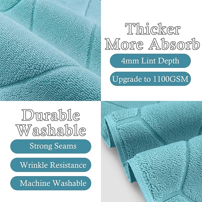 Bath Mat Towels [Not Bath Rug] - Thick 1100GSM - Hotel Towel Bathmat for Bathroom Floor, 19"x30" (2 PACK), 100% Cotton | Soft | Absorb | Washable, Aqua Teal Terry Cloth Mats for Bathroom