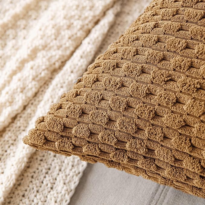 MIULEE Throw Pillow Covers Soft Corduroy Decorative Set of 2 Boho Striped Pillow Covers Pillowcases Farmhouse Home Decor for Couch Bed Sofa Living Room 18x18 Inch Light Coffee