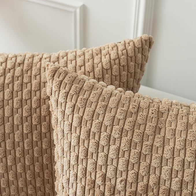 Kevin Textile Pack of 2 Tan Corduroy Decorative Throw Pillow Covers 16x16 Inch Soft Boho Striped Pillow Covers Modern Farmhouse Home Decor for Autumn Sofa Living Room Couch Bed