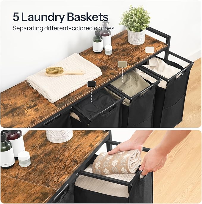 HOOBRO Laundry Sorter 5 Sections, Laundry Hamper with Wheels, 5 × 10.5 Gallon (40 L), Rolling Laundry Basket, Pull-Out and Removable Oxford Fabric Bags, Rustic Brown and Black BF07XY01