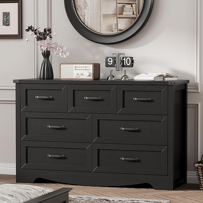 Dresser for Bedroom with 7 Drawers, 48" Wide Wood Chest of Drawers with Deep Drawers & Mental Handle, Modern Dresser TV Stand, Wooden Closet Storage Organizer for Living Room, Hallway, Entryway, Black