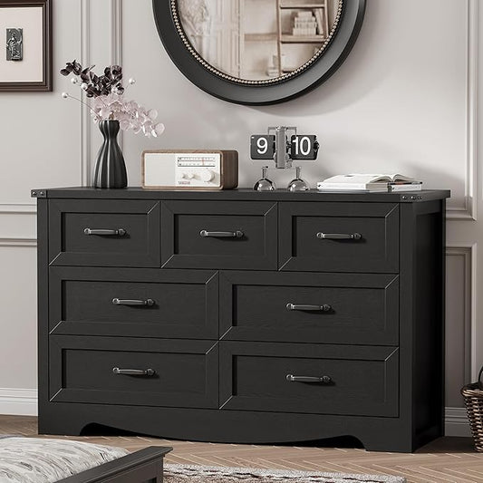 Dresser for Bedroom with 7 Drawers, 48" Wide Wood Chest of Drawers with Deep Drawers & Mental Handle, Modern Dresser TV Stand, Wooden Closet Storage Organizer for Living Room, Hallway, Entryway, Black