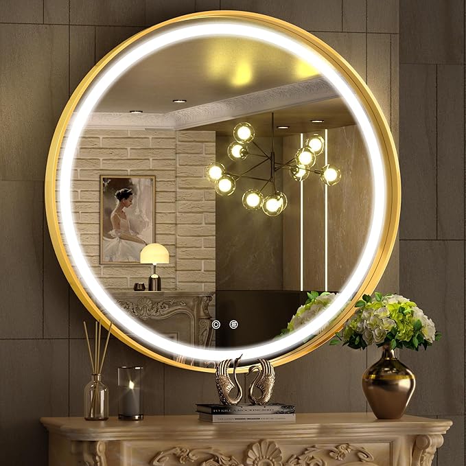 Hasipu 32 Round LED Mirror for Bathroom with Lights, Gold Circle Vanity Mirror for Wall, Metal Framed Frontlit Bathroom Mirrors Anti-Fog, Dimmable, 3 Colors Makeup Mirror Wall Mounted