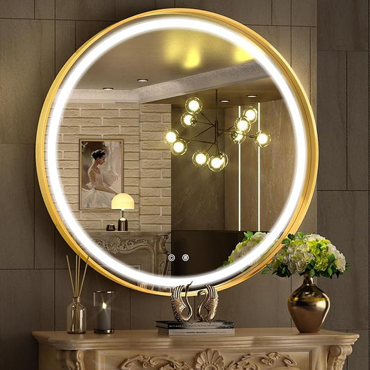 Hasipu 32 Round LED Mirror for Bathroom with Lights, Gold Circle Vanity Mirror for Wall, Metal Framed Frontlit Bathroom Mirrors Anti-Fog, Dimmable, 3 Colors Makeup Mirror Wall Mounted