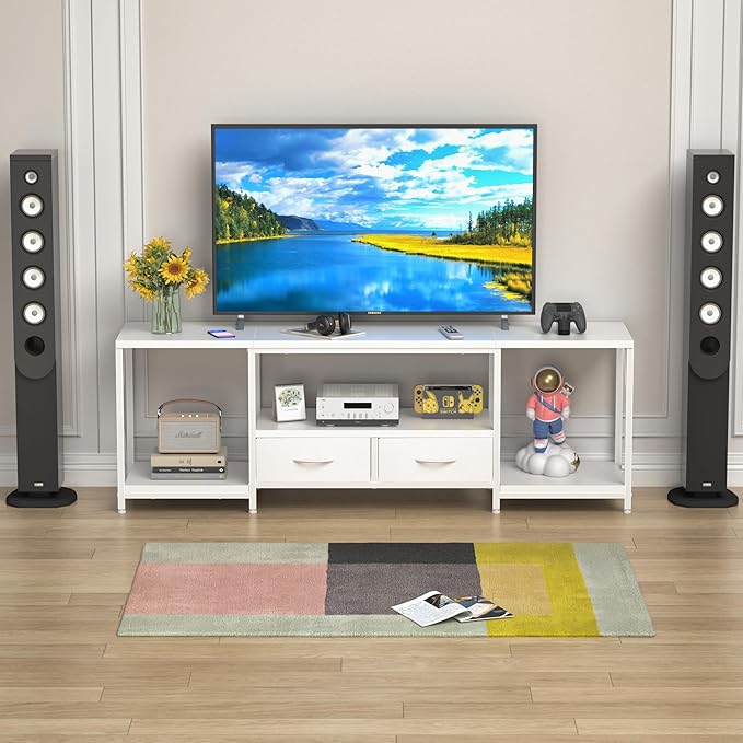 TV Stand with Fabric Drawers for 55 60 65 Inches TV - Entertainment Center and Industrial TV Console Table with Open Storage Shelves for Living Room, Bedroom - 55.1" White