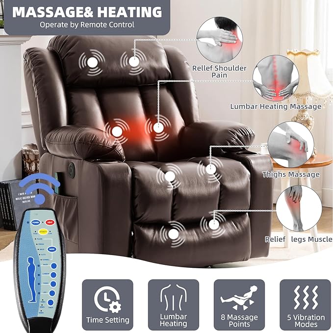 Power Lift Recliner Chair for Elderly, Electric Recliner Chairs for Adults with Massage and Heat, Cup Holders, Remote Control, USB Ports, Side Pockets, Leather (Saddle Brown)