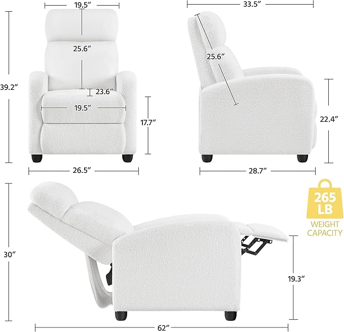 Yaheetech Boucle Recliner Chair Single Sofa Home Theater Seating Adjustable Modern Single Reclining Chair for Living Room Bedroom Home Theater White