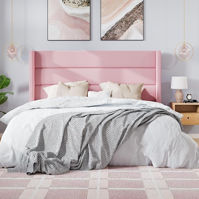 SHA CERLIN Queen Size Velvet Bed Frame/Vertical Channel Tufted Wingback Headboard/Upholstered Platform Bed with Wooden Slats/Mattress Foundation/No Box Spring Needed/Easy Assembly/Pink