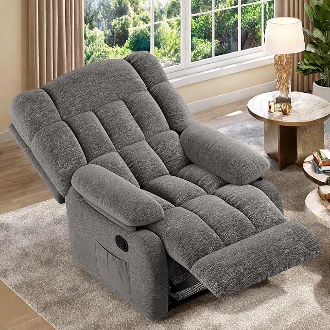 Recliner Chair with Side Pockets, Living Room Power Reclining Lounge Chair for Adults, Small Spaces Comfy Sofa with Theater Seating for Bedroom, Gray